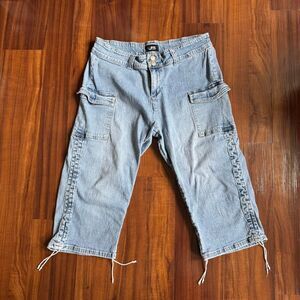 Lips Vintage Blue Denim Capri Pants Adjustable Hem Y2K Grunge Skater Cargo